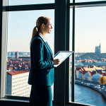 A professional female data analyst in a modest business suit, fully clothed, focused on a large, interactive transparent dashboard display in a modern, sunlit office overlooking a cityscape, reminiscent of Gothenburg. Her hands are naturally positioned, gesturing towards vibrant, detailed charts and graphs illustrating complex sales data. The scene emphasizes clear data visualization, engagement, and data-driven insights. Perfect anatomy, correct proportions, natural pose, well-formed hands, proper finger count, natural body proportions, professional photography, high quality, highly detailed, safe for work, appropriate content, professional, modest.